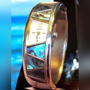 Vintage Kessaris Abalone Shell Hinged Bangle Watch